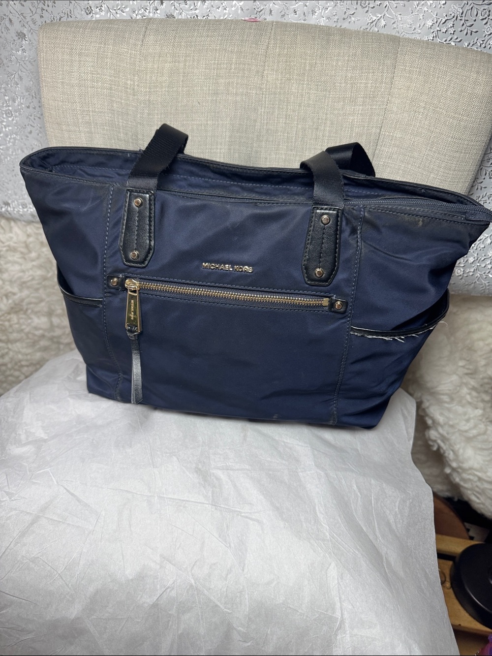 Michael Kors Navy Blue Nylon Tote with Front Zip Pocket